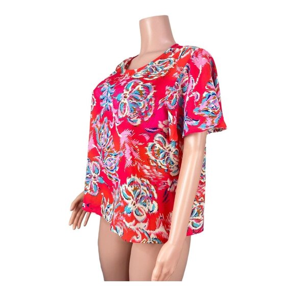 W5 Women Bright Red Floral Print Top Blouse SZ L  Flared Short Sleeve Pullover - Picture 9 of 11